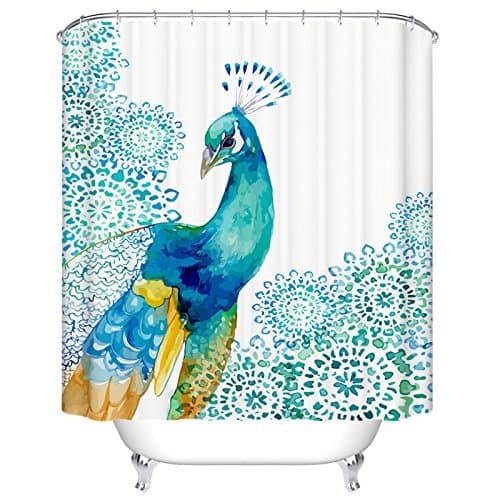 CHATAE Peacock Shower Curtains, Waterproof Mildew Resistant Bird Pattern Fabric Bath Curtain, 66W 72L Inch, Blue White Teal