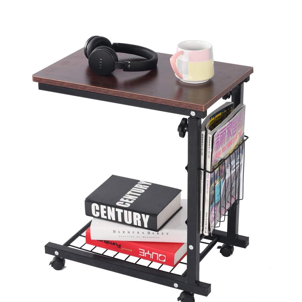 Height Adjustable Sofa Side Table with Wheels, Movable Over-Bed End Table Computer Desk Laptop Stand Rolling Cart with Storage Basket for Home Couch Bedroom Office (Brown)