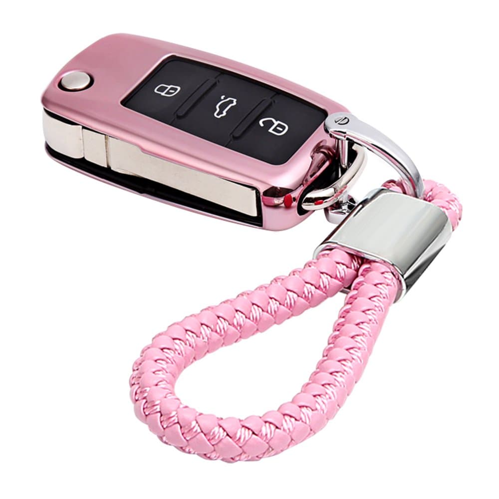 iTimo Auto Key Bag Cover Protector with Key Chain Real Car Key Case For Volkswagen VW Passat Golf Jetta Bora Polo Sagitar Tiguan(Pink)