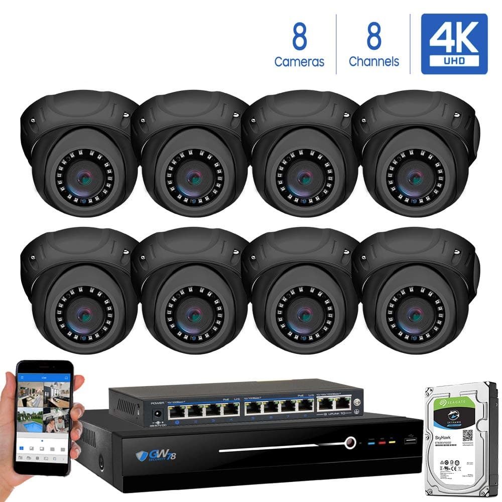 GW Security 8 Channel 4K NVR 8MP IP Camera Network PoE H.265 Surveillance System with 8-Piece Ultra HD 4K 2160P Weatherproof Outdoor/Indoor Dome Security Cameras - Grey