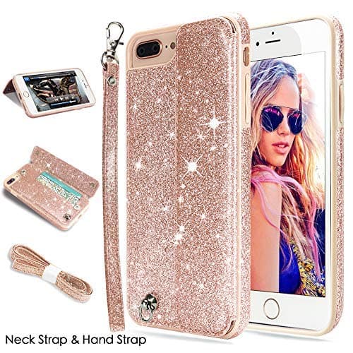 iPhone 8 Plus Case,iPhone 7 Plus Case,CASEOWL iPhone 8 Plus/7 Plus Wallet Case Glitter Leather Flip Card Holder,Wristlet,Neck Strap,Kick-Stand,Shockproof Case for iPhone 8 Plus/7 Plus-Bling Rose Gold