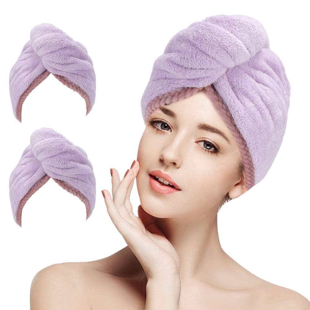 LEARJA 2 Pack Hair Towel Wrap Turban Microfiber Drying Bath Shower Head Towel with Buttons, Quick Dry Super Absorbent for Long & Curly Hair(Purple
