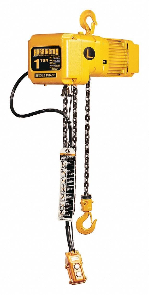 Harrington SNER010S-15 Series SNER Single Phase Electrical Hook Mount Chain Hoist, Single Standard Speed, 1 Tons Capacity, 15' Lift