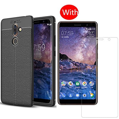 For Nokia 7 Plus Case with Screen Protector-Full Coverage Soft Slim and Protective Leather Ring Case with [2 PACK] High Clear 9H Hardness Tempered Glass Screen Protector for Nokia 7 Plus