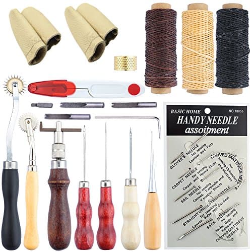 OSOF Leather Sewing Tools 27 Pieces Leather Tools Craft DIY Hand Stitching Kit with Groover Awl Waxed Thimble Thread for Sewing Leather, Canvas & Most Leathercraft Projects