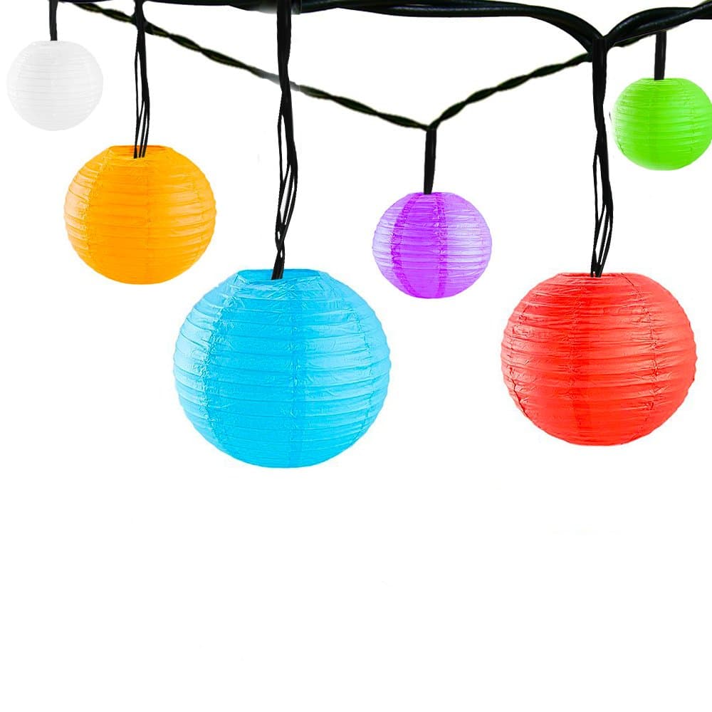 Solar Lantern Outdoor String Lights 18ft 30 LED with Multicolor Nylon Paper Chinese Lanterns Decorative Hanging Ambiance Lighting for Patio Gazebo Garden Path Yard Party Christmas Holiday Festival