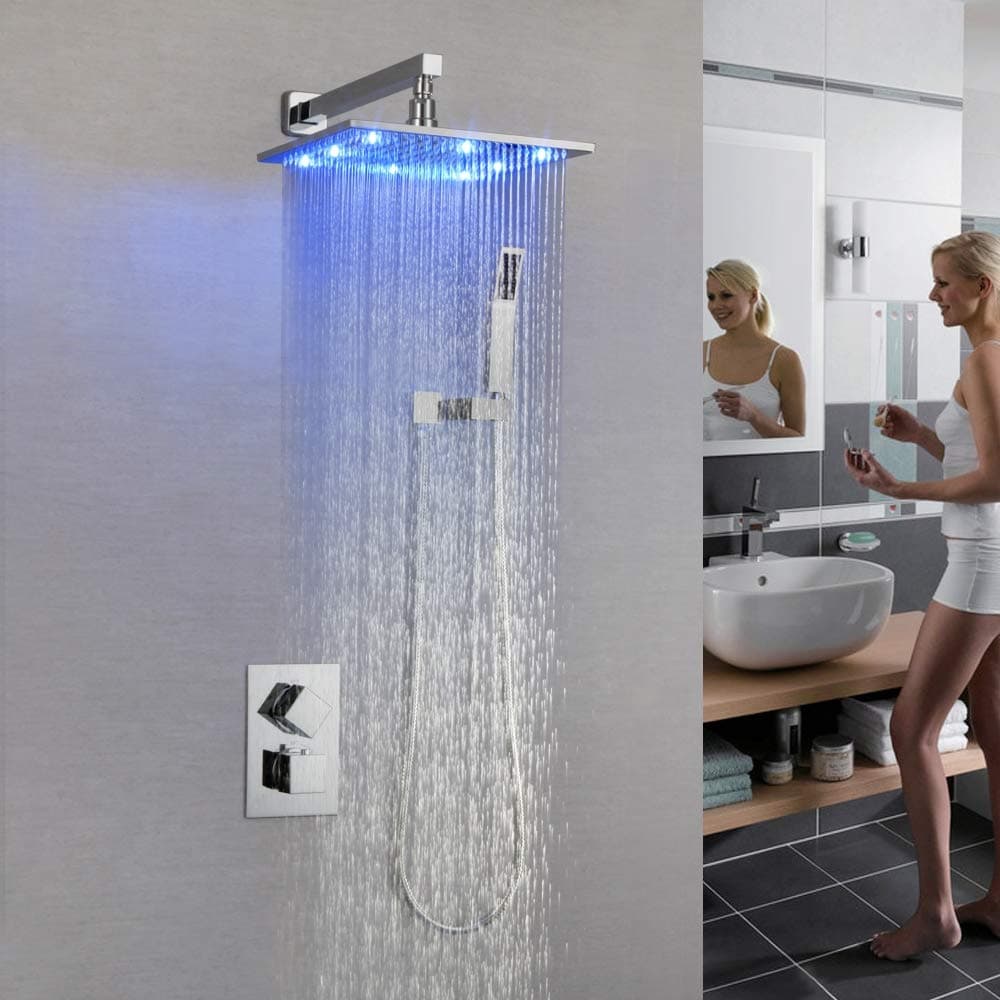 Modern Shower Head 2-Function Thermostatic Shower System Set with Led Rainfall Handheld Shower Rough In Mixer Valve and Trim Included,10in