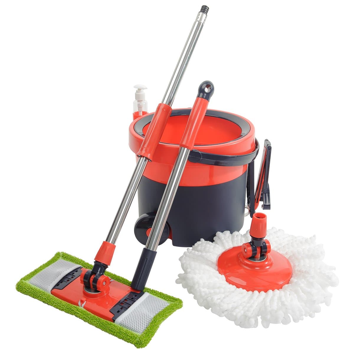 NFHOME Space Saving Microfiber Spin Mop & Flat Spin Mop, 360° Rotation Floor Mop with Stainless Steel Telescopic Extension Handle, Red