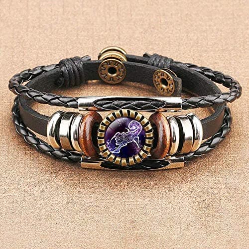 Yonsenner Simple Bracelet Creative Bangle Vintage Multi-Layer Beaded Twelve Constellation Time Gem Leather Bracelet Black Rope Unisex Birthday Present (Color : A3)