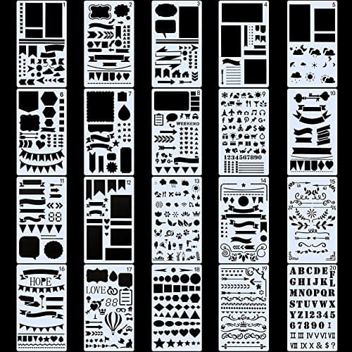 Bullet Journal Stencil Set - 20 PCS Over 1000 Different Patterns 4x7 Inch - Plastic Planner Stencils Journal/Notebook/Diary/Scrapbook, DIY Draft Drawing Template Stencil for Kids Adults