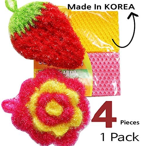 NO Mildew / Odor Free 4–piece 1 pack / 2 Dish Scrubber and 2 Dish Cloth for Dish Washing Made in Korea NO Mildew Odor like sponges ,Durable, Scratch Free and Easy to Rinse and Dry LessBacteria