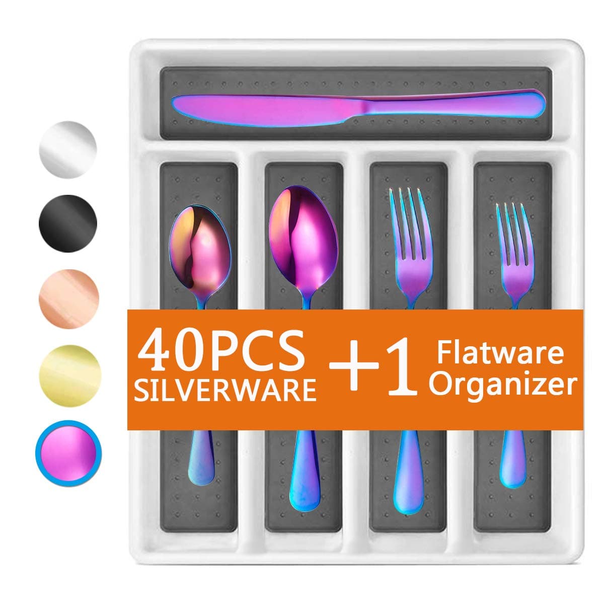 Rainbow 40-Piece Silverware Set, Flatware Set with Organizer Mirror Polished, Dishwasher Safe Service for 8, Include Knife Fork/Spoon with 5-Compartment Non Slip Drawer Organizer Box Tray?Rainbow?