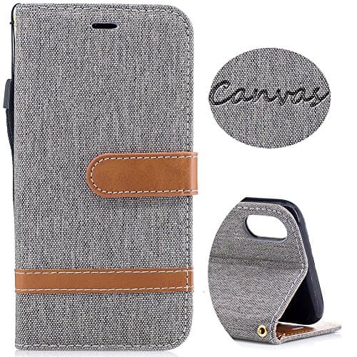 Wallet Leather Case for iPhone X, Denim Canvas Case with Card Slots &amp; Kickstand &amp; Wrist Strap, 360 Full Body Protective Embedded Magnetic Flip Folio Cover for iPhone X Edition /iPhone 10 (5.8) - Grey