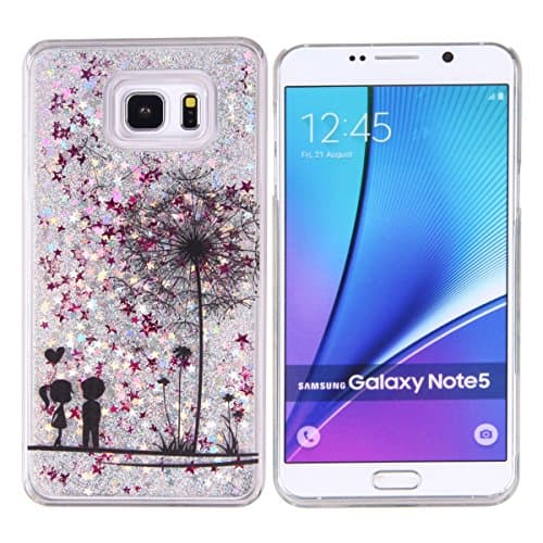 Daminfe Galaxy Note 5 Liquid Case, Funny Flowing Sparkle Glitter Bling Silver Stars Crystal Clear Transparent Hard Back Case for Samsung Galaxy Note 5(Dandelion Flower Boy Girl)