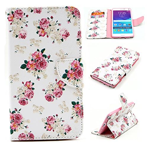 Note 4 Case, Galaxy Note 4 Wallet Case, U-Gem star Galaxy Note 4 PU Leather Wallet Stand Magnetic Cover Case for Samsung Galaxy Note 4,with SIM Card Adapter Kit+Screen Protector+Black Stylus (Flower)
