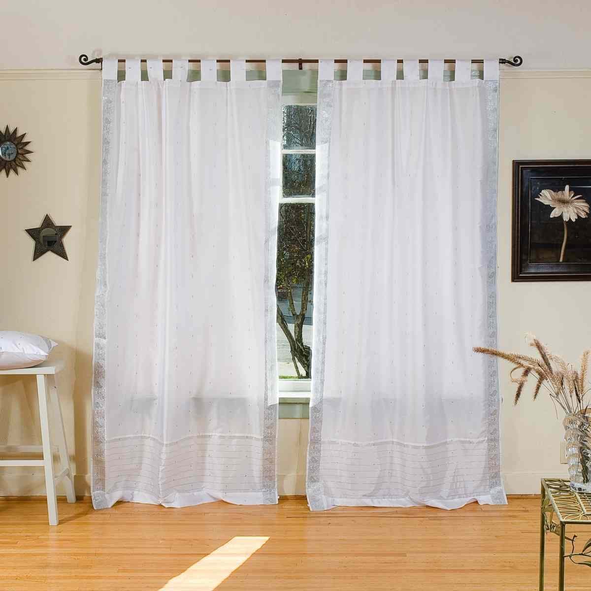 Indian Selections Lined-White Silver Tab Top Sheer Sari Cafe Curtain/Drape -43W x 36L-Pair