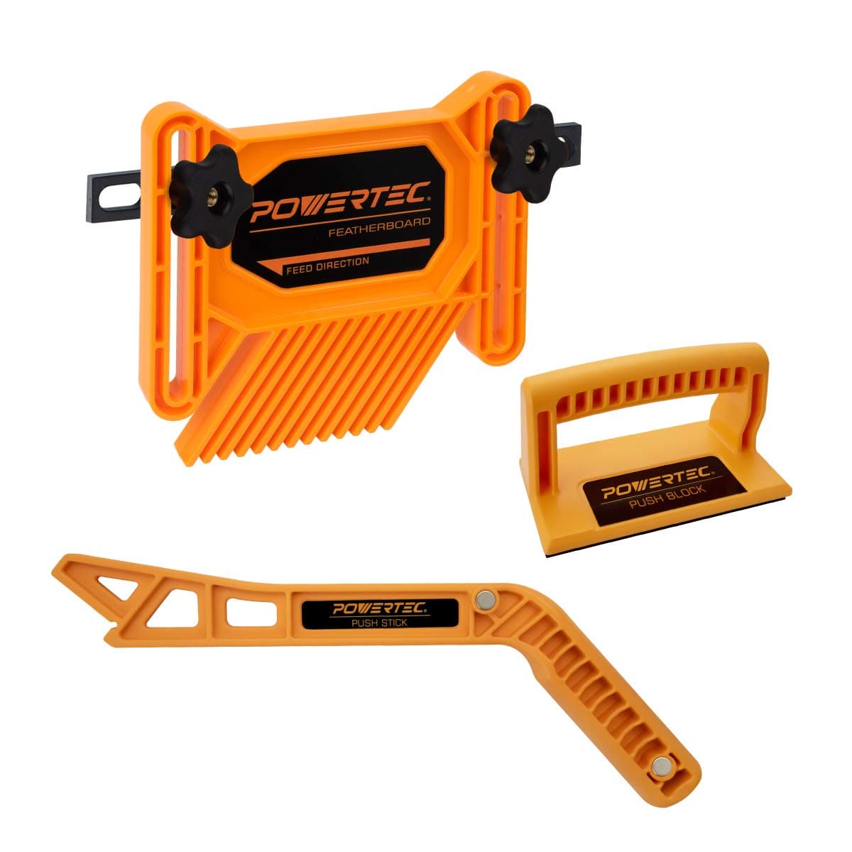 POWERTEC Table Saw Push Block, Magnetic Push Stick & Featherboard - 4Pcs Table Saw Safety Accessories Fits Router Table, Bandsaw & Jointer, Woodworking Tools to Reduce Kickback (71552)