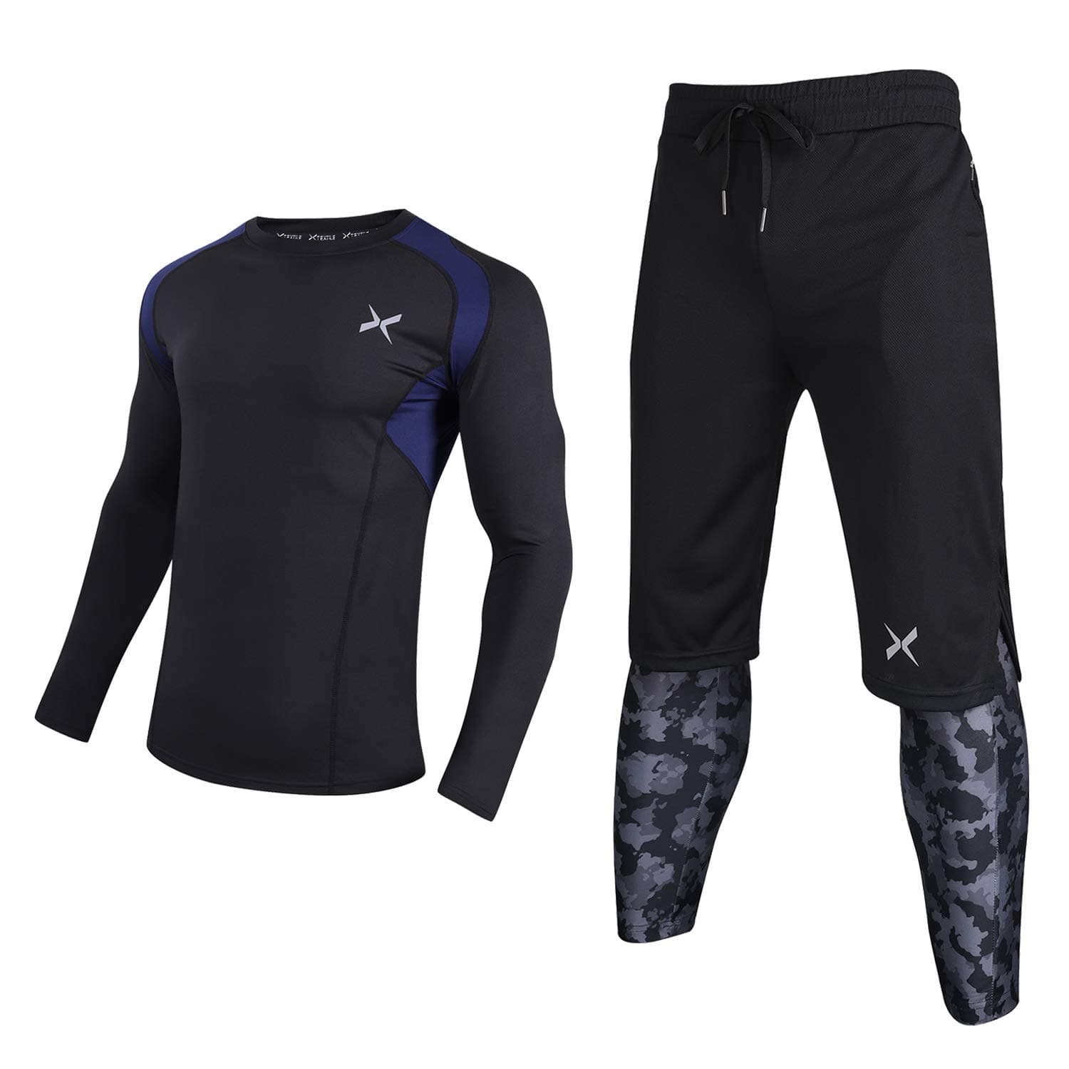 Xtextile Men's Compression Set, Workout Set with Long Sleeve Compression Shirt, Leggings Pants, Loose Shorts for Running