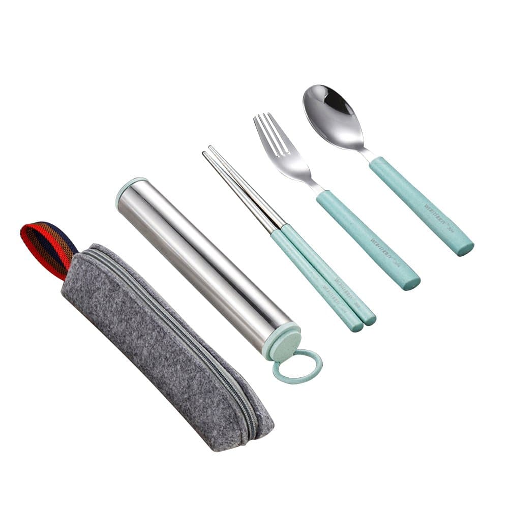 Aggice Portable Tableware Set, Flatware Spoon Fork Chopsticks Set,Travel Cutlery Set,Stainless Steel Utensils Set with Carrying Case,box for Travel,Picnic, Outdoor Work (Blue, 5)