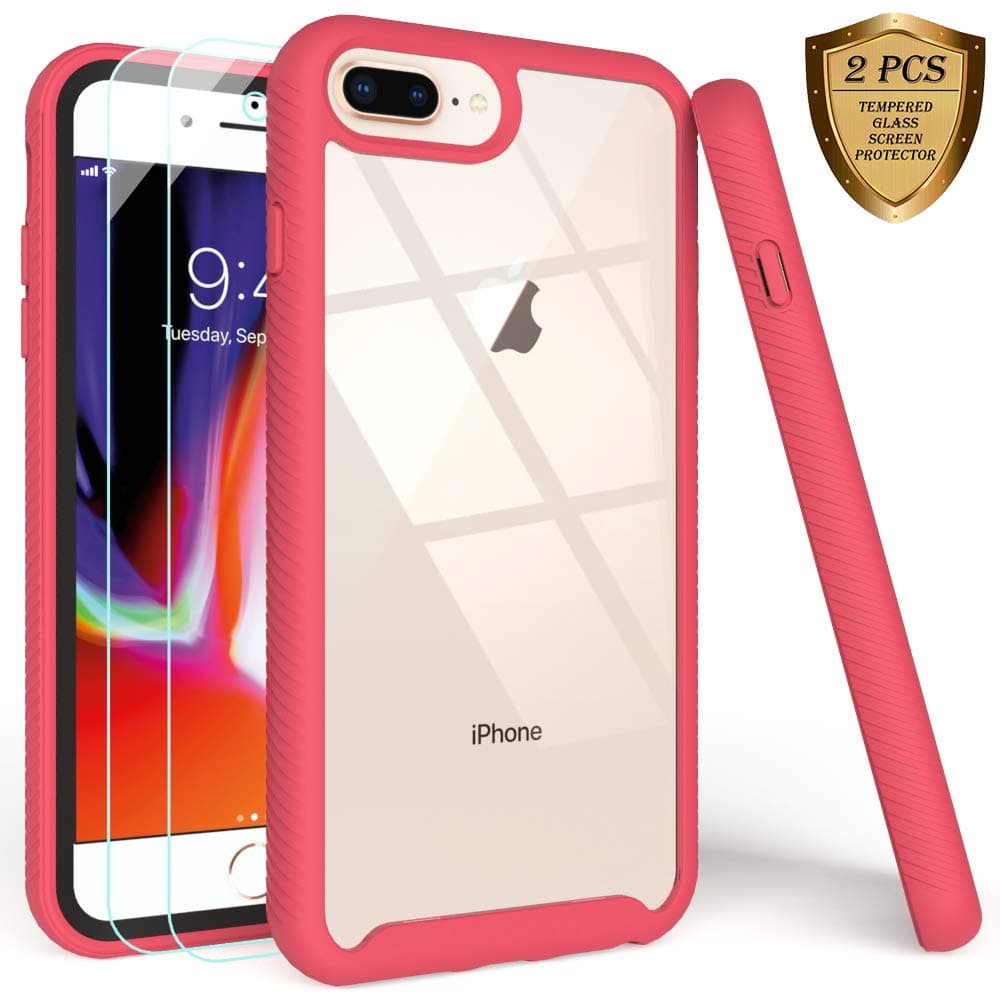 LUCKYCAT iPhone 7 Plus Case,iPhone 8 Plus Case with Tempered Glass Screen Protector [2 Pack], Shockproof Clear Multicolor Series Bumper Cover for 5.5 Inch Apple iPhone 6/6s/7/8 Plus-Rose