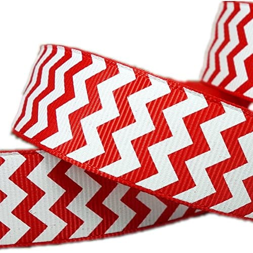 25 Yards/roll 7/8" White Chevron Pattern Printed Red Grosgrain Ribbon