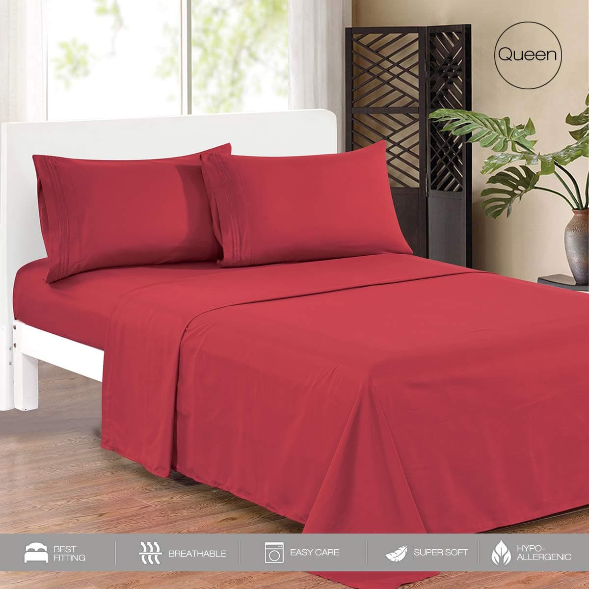 KING HOME Smooth 1800 Soft Bed Sheet Set with One Flat Sheet, One Fitted Sheet, Two Pillowcase for Double Bed, Soft Microfiber, Wrinkle Resistant, Queen, Burgundy