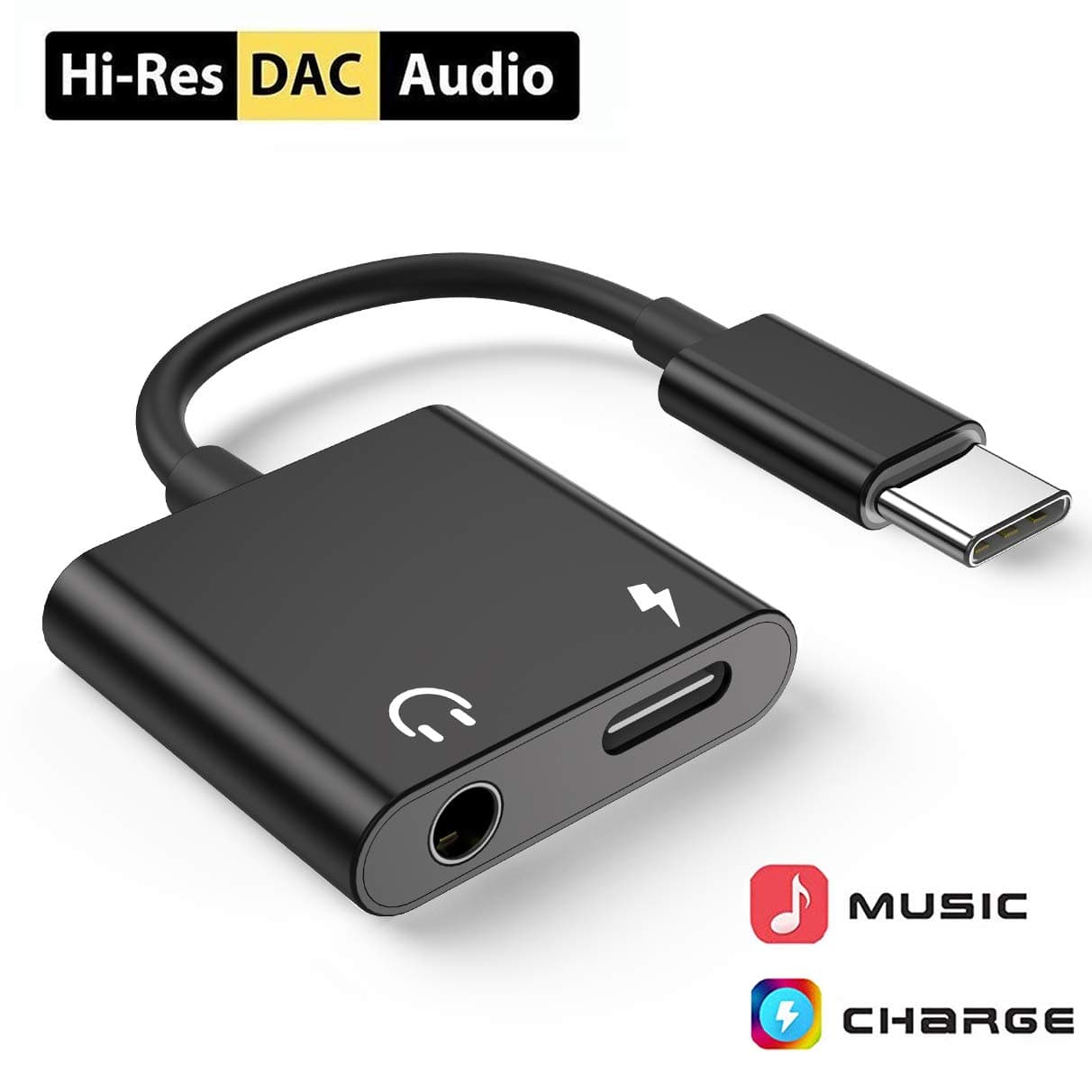 USB C to 3.5mm Headphone Jack Adapter Type C Aux Headphone Jack Stereo Adaptor Aux Splitter with DAC Chipset and PD Fast Charger for iPad Pro,Huawei P30/P20/P20 Pro,Samsung,Google Pixel-Black