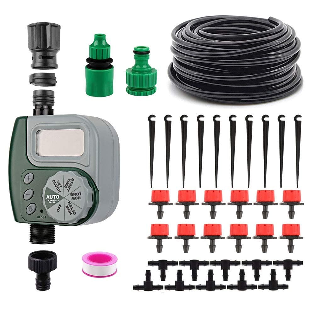 DricRoda Automatic Drip Irrigation System with Digital Timer, Self Watering Kits Garden Irrigation Equipment, 33ft 1/4" Blank Distribution Tubing Hose for Garden, Flower Bed, Lawn