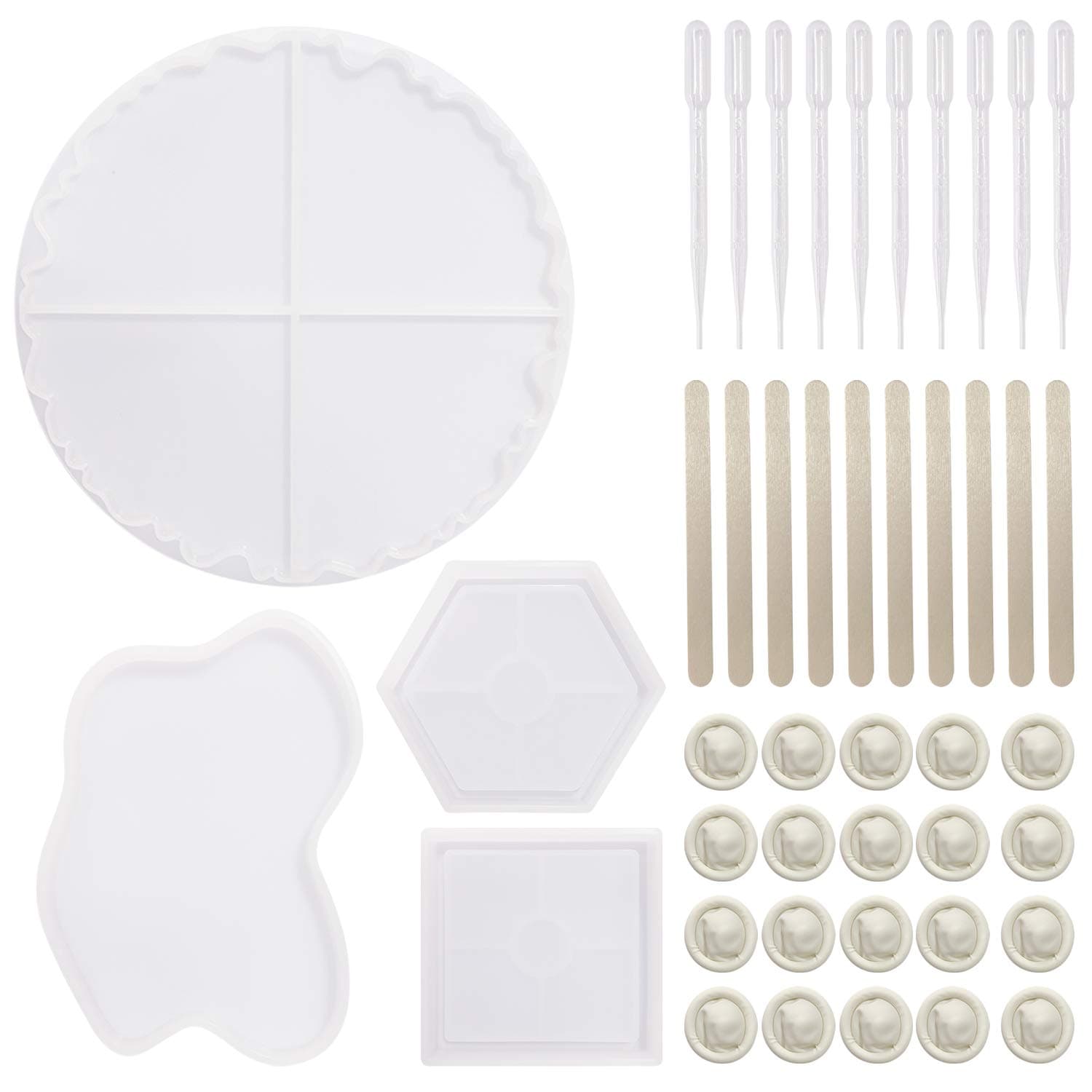 4 Pack Coaster Mould for Resin,Round,Square,Hexagon and Irregular Coaster Silicone Mould with Mixing Tool Set