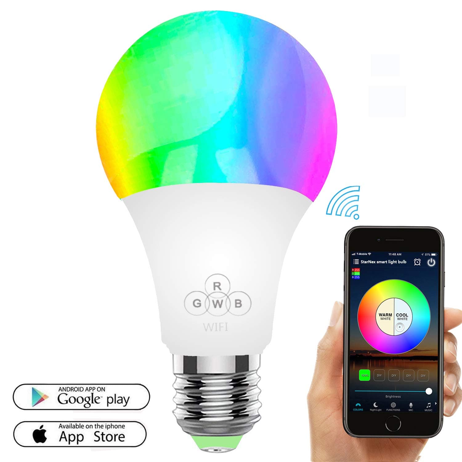 Smart LED Light Bulb, WiFi Light Bulbs 50W Equivalent, Dimmable RGBW Colour Changing Light with APP Remote Control, E27 Wake-Up Lights Smart LED Light Bulb Compatible with Alexa, Google Home（6.5W) …