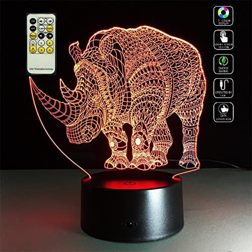 Deerbird Endangered Aminal Rhinoceros Figurine 3D Visualization Illusion Multi-colored Change USB/3-AA Batteries Remote Control LED Desk Lamp Nightlight for Room Decorative or Friends Kids