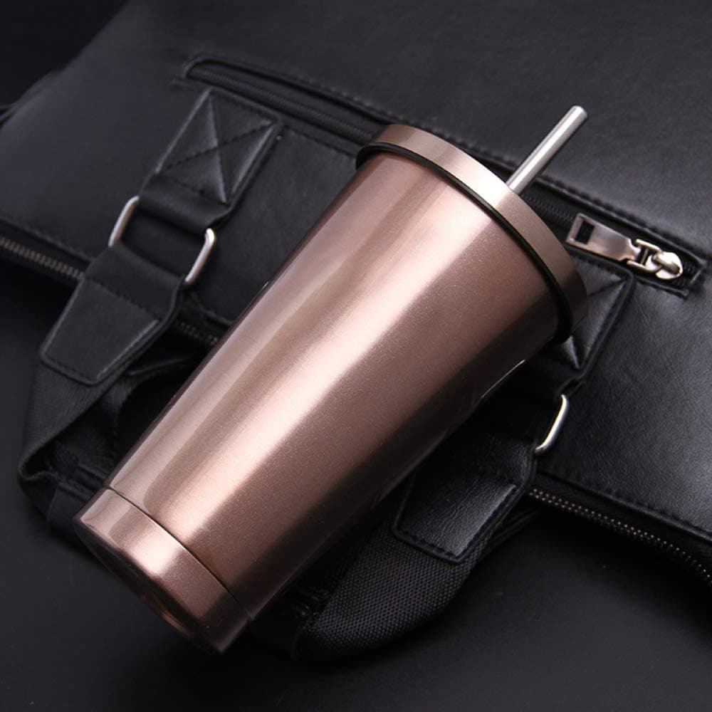 DTWCH Car Coffee Thermos Mug Creative Flasks Home Kitchen Insulated Thermos Travel Drink Bottle For Coffee with Straw 500ml-Rose gold