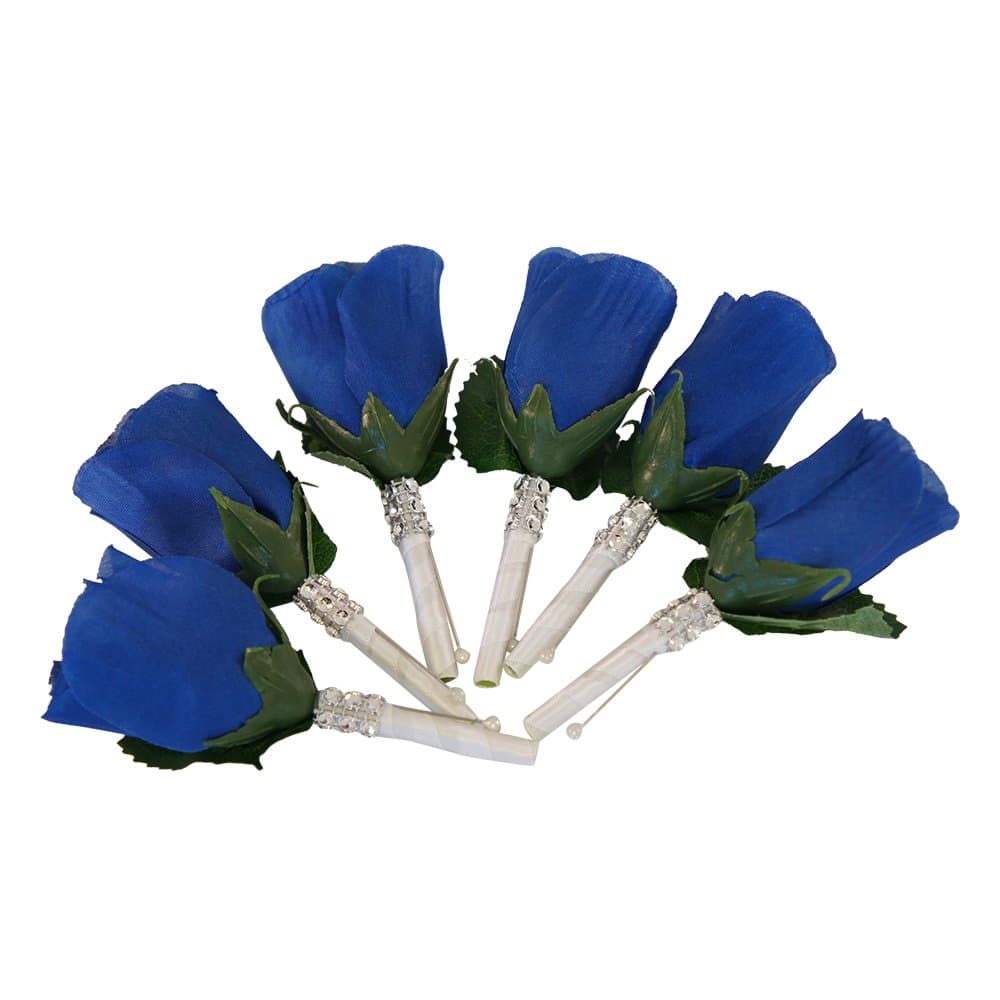 6pc Set - Royal Blue Artificial Keepsake Boutonniere - White Stem
