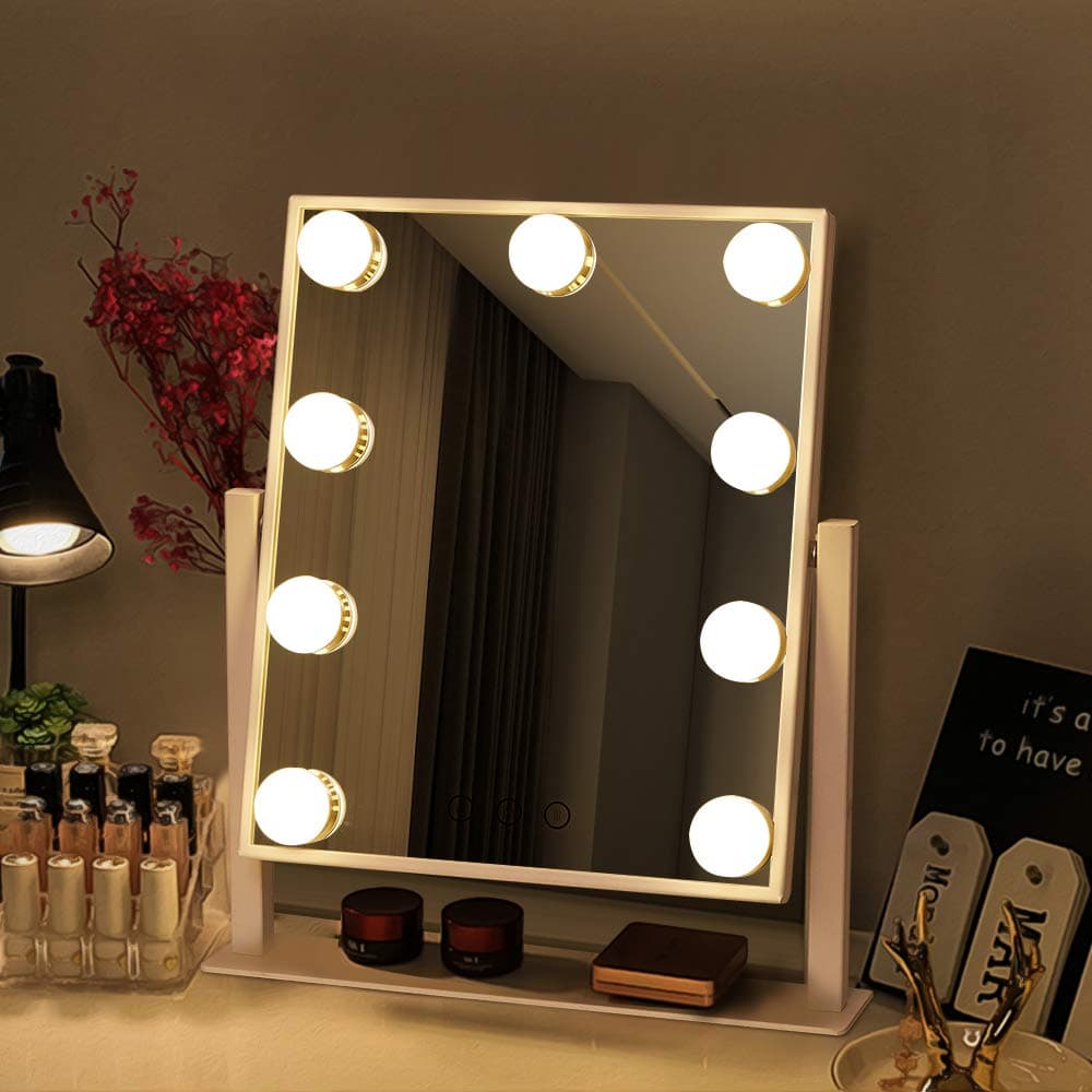 Vanity Mirror with Lights, Lighted Makeup Mirror with 9 Bulbs, Qaliff Small LED Mirror Lights up Your Dressing Table, Pearl White