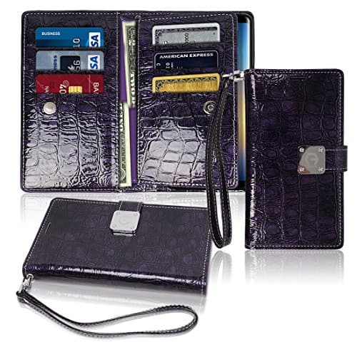 Note8 Wallet Case, Glossy [ 9 Pockets ] for 6 ID / Credit Card 3 Cash Slots, Power Magnetic Clip With Wrist Strap For Samsung Galaxy Note 8 Leather Cover Flip Diary (Violet)