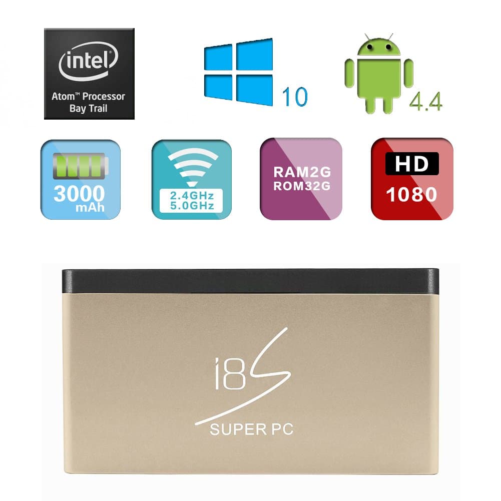 i8S Pocket Mini Super PC Computer Tv Box Wintel Windows10 Android4.4 2GB/32GB HDMI Intel 3735F US Plug -Gold