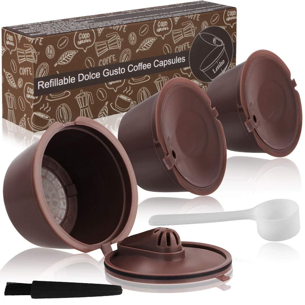Letilio Coffee Capsule Refillable Reusable 3 pcs，Refillable Capsule Pod Compatible Filter Cups BPA Free Coffee Pods for Dolce Gusto with 1 Plastic Spoon and 1 Cleaning Brush G3