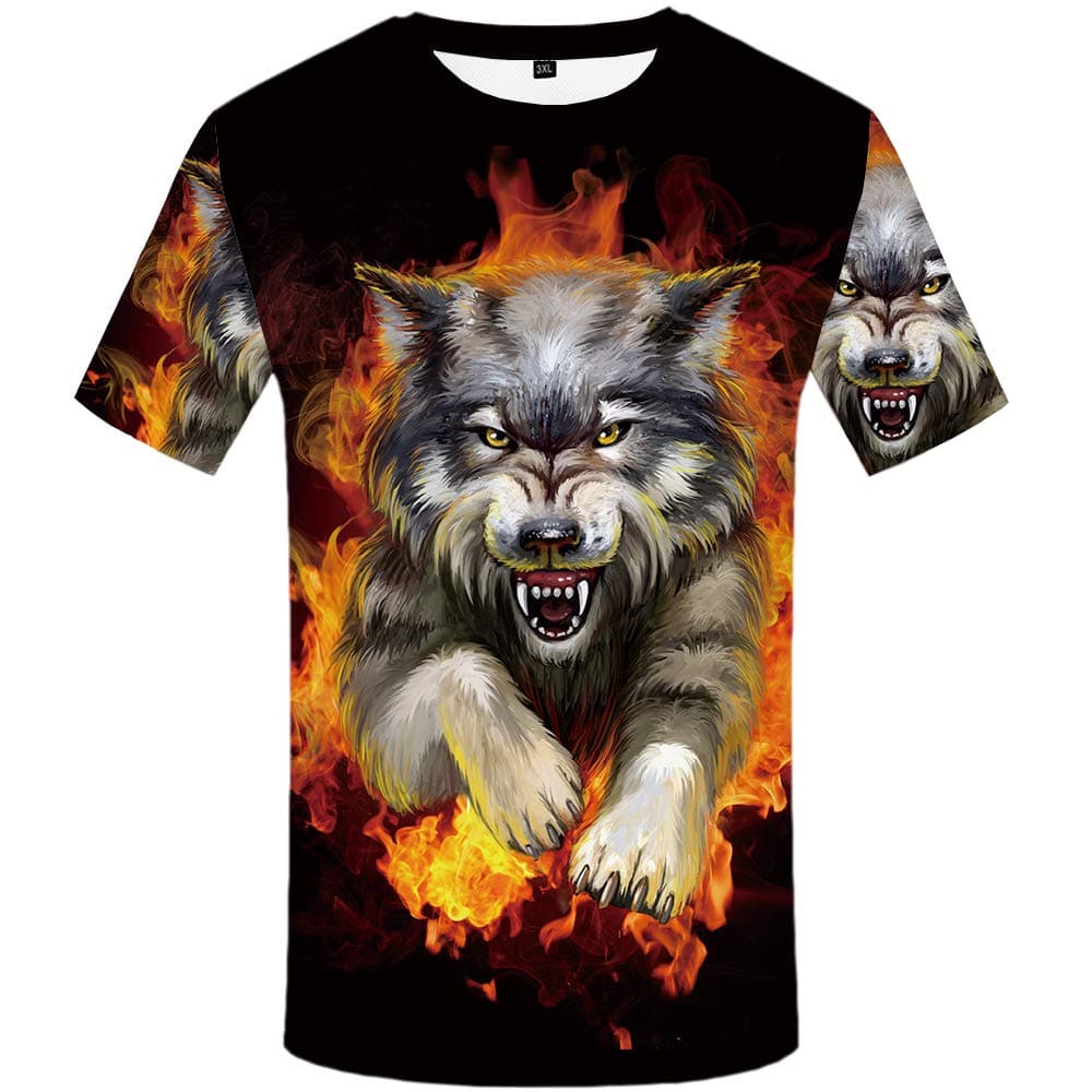 KYKU Combustion Wolf Shirts for Men Flame 3D Pattern Casual Fashion Short Sleeve Top (Medium)