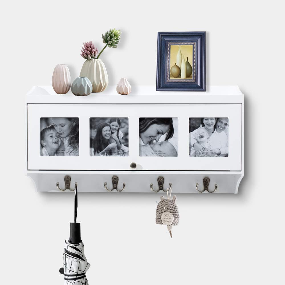 AHDECOR Entryway Wall Mounted Coat Rack Shelf with Hooks, Wall Storage Organizer Hanging Coat Shelf with Photo Flip Door, White