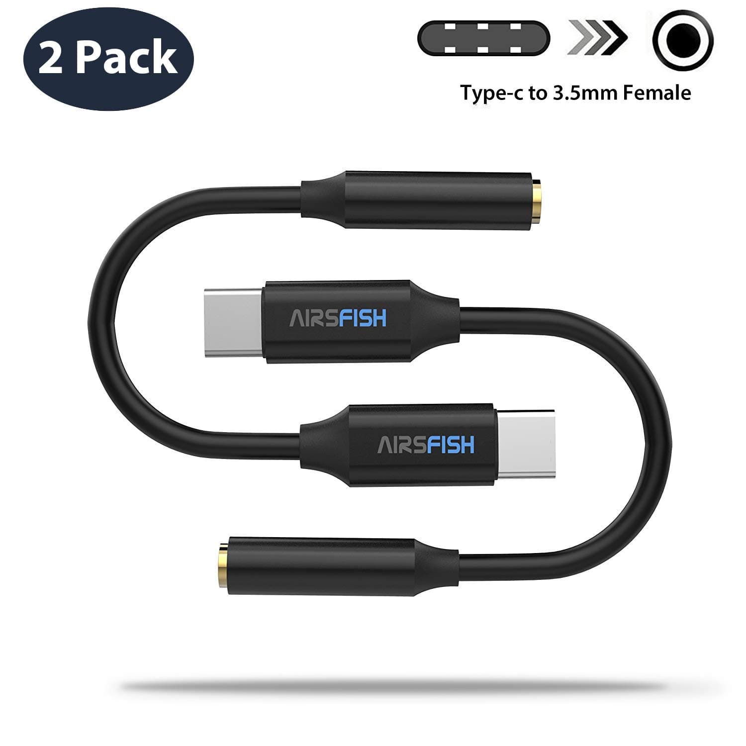 AirsFish Compatible with Pixel 3 Usb C to 3.5mm Audio Adapter Stereo Earphone Converter Realtek Chip/Hi-res/DAC Headphone Cord for Pixel 3/3XL 2/2XL, HTC U11, Moto Z2, Samsung S9/S8/N8, Nexus (2 pack)