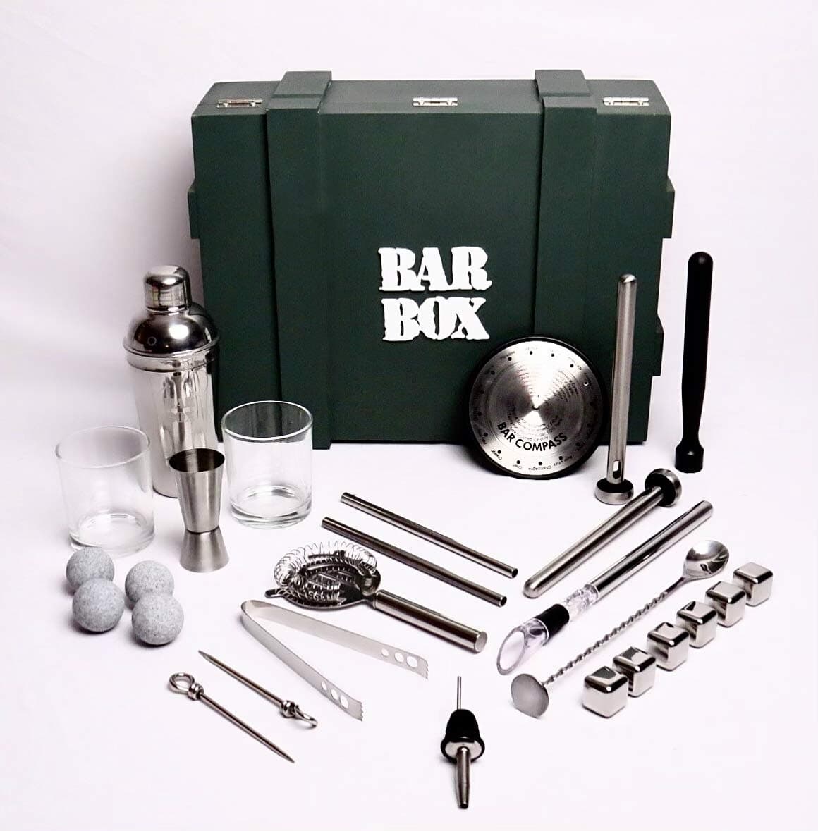 Bar Box™ Bartender Kit Premium: Extensive Bar Tools Set for Drinks | Home Bar Kit with Whiskey Stones and 2 Whiskey Glasses | Bar Setup for Home | Portable Bar Set (Standard 1.2)