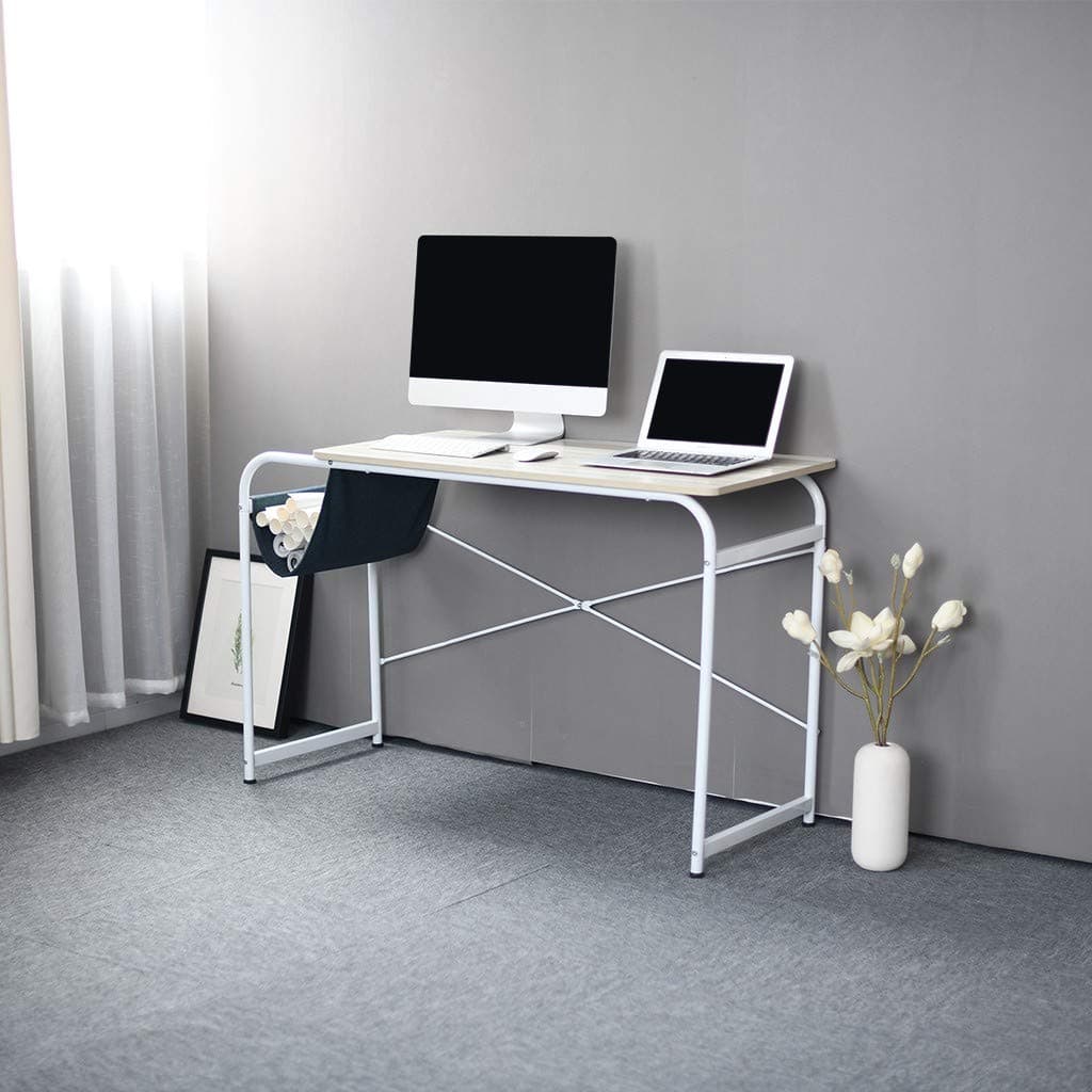 Simple Household Desktop Computer Desk Laptop Study Table Office Work Desk with Cloth Bag Storage Writting Computer Table (White)