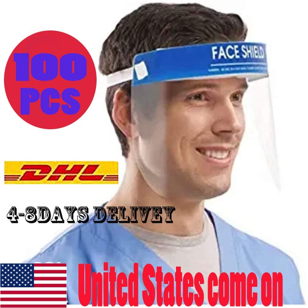100/pack Safety Face Shield Protect Eyes and Face with Protective Clear Film ElasticBand and Comfort Sponge Fluid Resistant Full Face Visor Protection from Splash