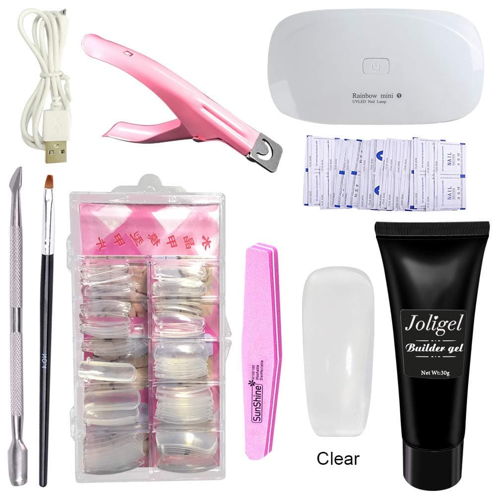 Joligel Polygel Nail Starter Kit With UV/LED Lamp, Builder Gel + Nail Extension Forms Tips + 3-Way False Nail Tip Clipper + Cuticle Pusher + Brush + File Buffer + Remover Wraps (Clear Transparent)