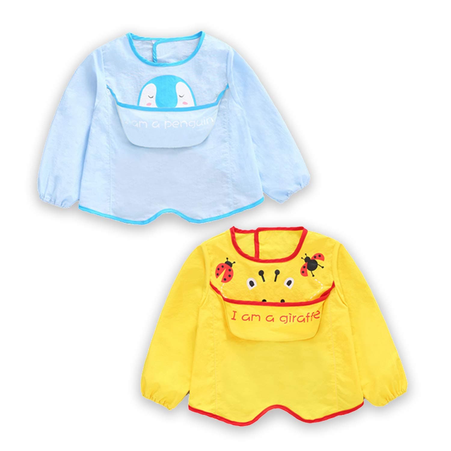 2 Pcs Long Sleeved Bib Set | Full Coverage Baby Waterproof Bibs with Pocket Bundle | Toddler Bib with Sleeves and Crumb Catcher | Stain and Odor Resistance Play Smock Apron - Pack of 2 | 6-24 Months