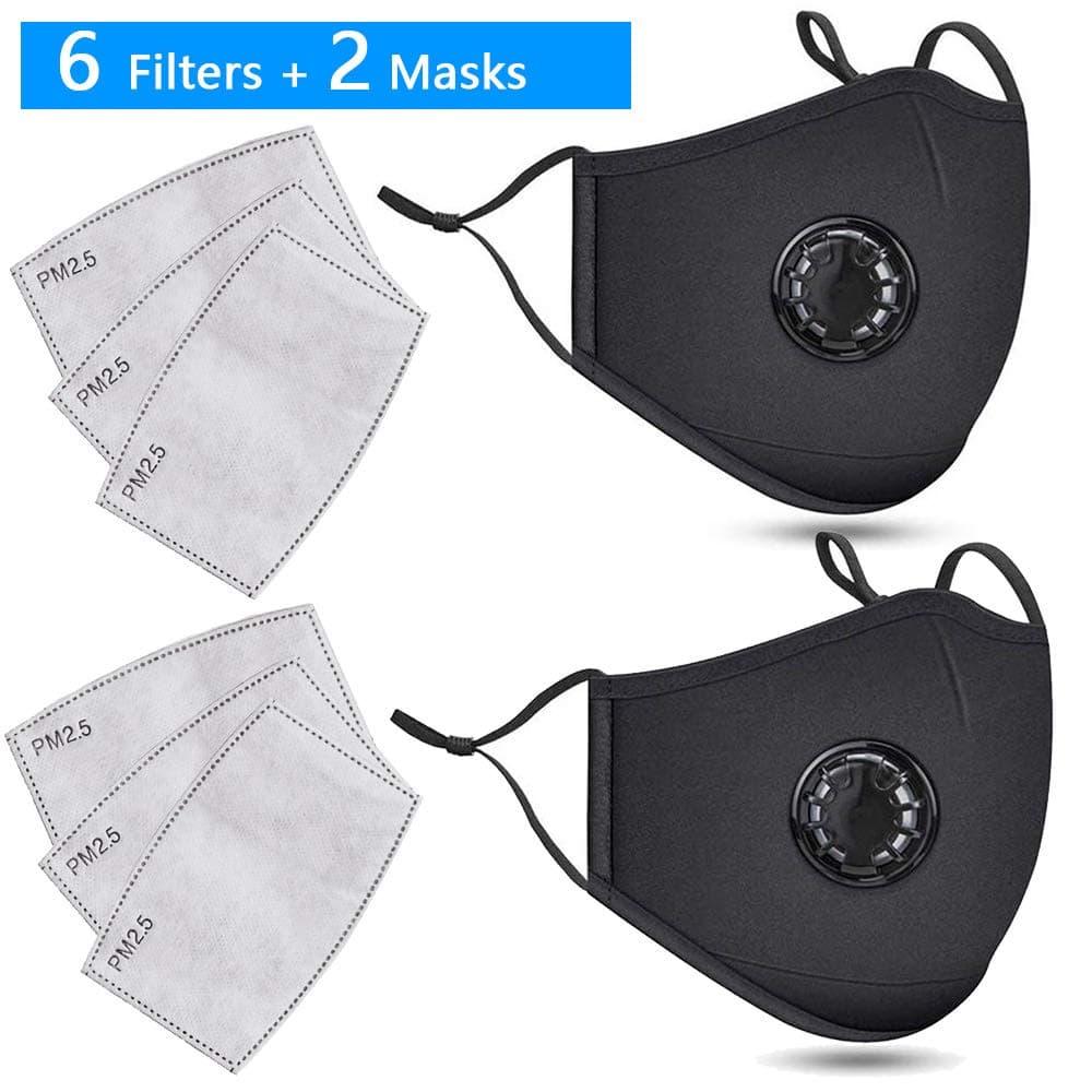 6Pcs Filter Papers and 2 Pack Black Face Mask Reusable, Cotton, Anti-Dust, Protection from Dust, Pollen, Pet Dander, Other Airborne Irritants