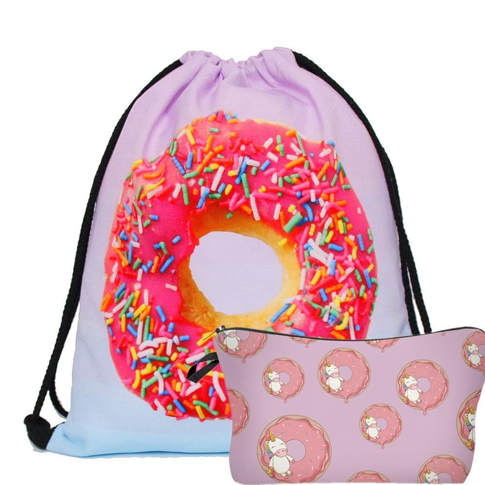 RUISIKIOU Drawstring Backpack Waterproof, 2 Piece Set Printed Durable Rucksack Gym Bag and Multifunctional Cosmetic Organizer (Donut)