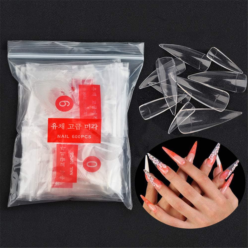 NiceMeet 500 Pcs Clear Long Sharp Ending False Nails Salon Stiletto - Nails Art Fake Artificial Tips - 10 Sizes Artificial Nails Decoration Manicure for DIY - Transparent