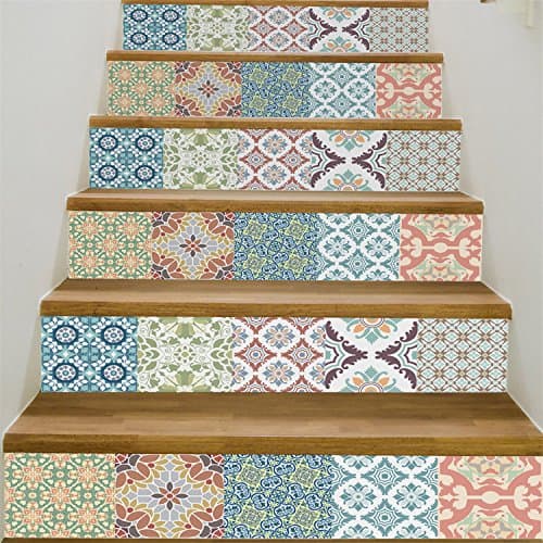 VancyTop Mediterranean Style Ceramic Tile Pattern Stair Stickers Self-Adhesive DIY Removable Wall Decals 18100cm6pcs/set