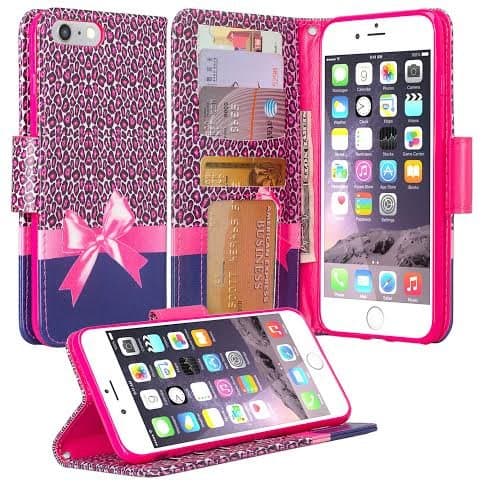 iPhone 8 Plus Case, Apple iPhone 7 Plus Case, Wrist Strap Folio [Kickstand Feature] Pu Leather Wallet Case with ID&amp;Credit Card Slot For iPhone 8 Plus / iPhone 7 Plus - Hot Pink Cheetah